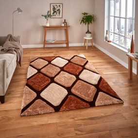 Optical 3D Beige / Brown Modern Shaggy Abstract Handmade Easy To Clean Rug For Dining Room Bedroom & Living Room-120cm X 170cm