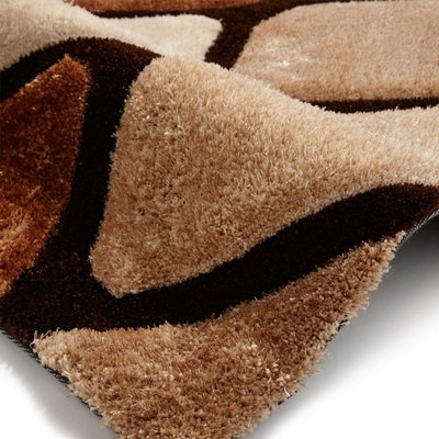 Optical 3D Beige / Brown Modern Shaggy Abstract Handmade Easy To Clean Rug For Dining Room Bedroom & Living Room-150cm X 230cm