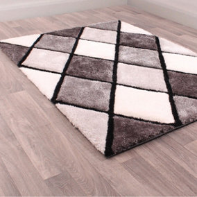 Optical 3D Grey Modern Shaggy Geometric Sparkle Rug For Dining Room Bedroom & Living Room-120cm X 170cm
