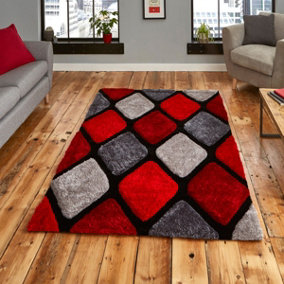 Optical 3D Grey / Red Modern Shaggy Abstract Handmade Easy To Clean Rug For Dining Room Bedroom & Living Room-120cm X 170cm