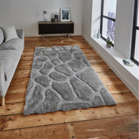 Optical 3D Silver Geometric Modern Shaggy Handmade Easy To Clean Rug For Dining Room Bedroom & Living Room-120cm X 170cm