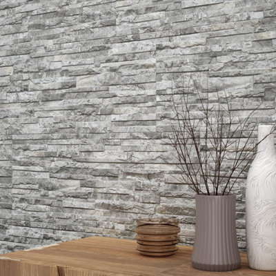 Oracle Grey Split Faced Stone Effect Porcelain Tile - Pack of 4, 1.14m² - (L)890x(W)320