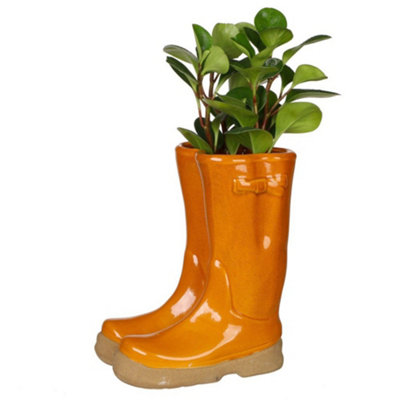 Orange Double Wellington Boots Large Ceramic Planter Indoor Outdoor Flower Pot Garden Planter (H)24cm, (W) 29.5cm