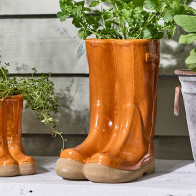 Orange Double Wellington Boots Large Ceramic Planter Indoor Outdoor Summer Flower Pot Garden Planter