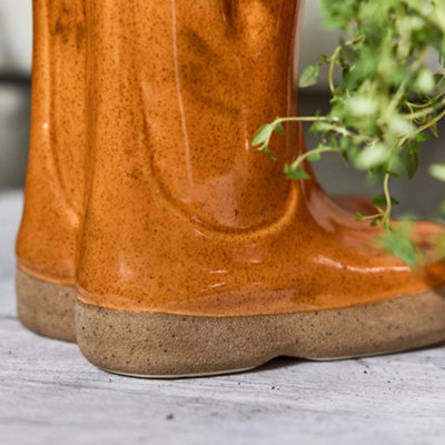 Orange Double Wellington Boots Large Ceramic Planter Indoor Outdoor Summer Flower Pot Garden Planter