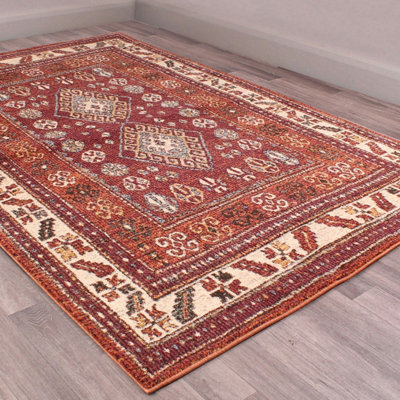 Orange Easy to Clean Bordered Geometrical Traditional Persian Rug for Living Room, Bedroom, Dining Room - 80cm X 150cm