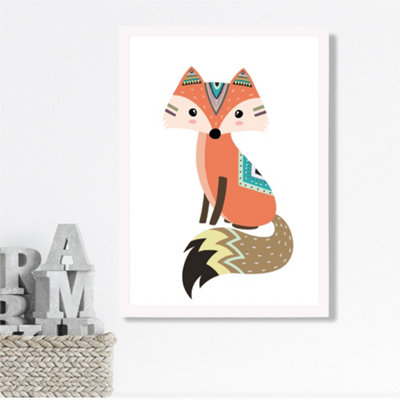 Orange Fox Tribal Animal Framed Print SIZE: A3 with White Frame
