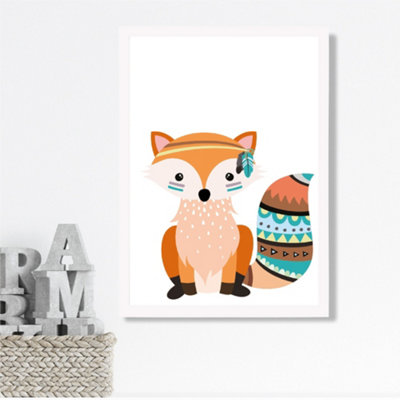 Orange Fox Tribal Animal Framed Print SIZE: A3 with White Frame