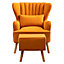 Orange Frosted Velvet Wing Back Armchair with Footstool and Lumbar Pillow