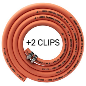 Orange Gas Pipe for bbq 5m + 2 Clips date stamped 2024 british standard 8mm hose