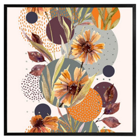 Orange geometric with flowers (Picutre Frame) / 16x16" / Brown