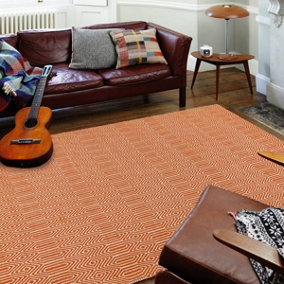 Orange Geometric Wool Modern Handmade Easy to Clean Rug for Living Room and Bedroom-66 X 200cm (Runner)