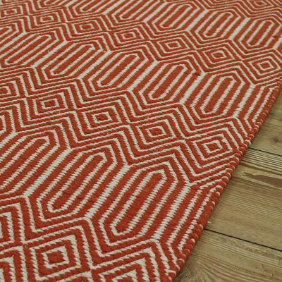 Orange Geometric Wool Modern Handmade Easy to Clean Rug for Living Room and Bedroom-66 X 200cm (Runner)