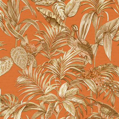 Orange Gold Tropical Wallpaper Birds Palm Textured Paste the Wall Vinyl