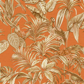 Orange Gold Tropical Wallpaper Birds Palm Textured Paste the Wall Vinyl