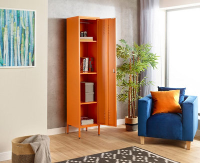 Orange Metal Tall 3 Shelve Locker Cabinet, 1 Door Wardrobe Storage Cupboard for Home or Office