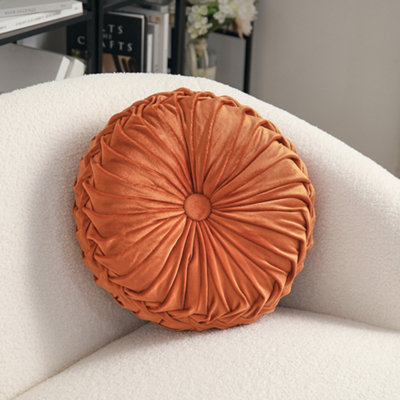 Orange Modern Round Pumpkin Pleated Velvet Throw Pillow Sofa Cushion Dia 45 cm