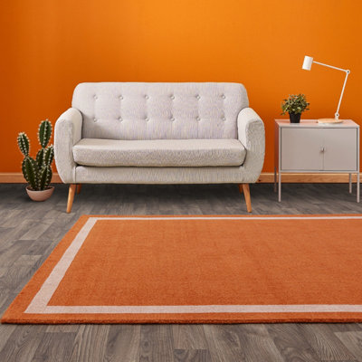 Orange Plain Handmade Bordered 7mm Pile Stain-Resistant Rug For Bedroom, & Dining Room, Plain Wool Rug-200cm X 290cm