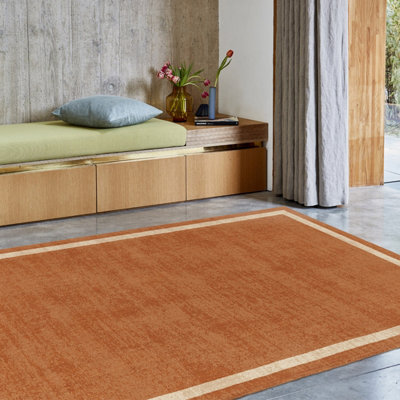 Orange Plain Handmade Bordered 7mm Pile Stain-Resistant Rug For Bedroom, & Dining Room, Plain Wool Rug-200cm X 290cm