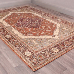 Orange Terracotta Traditional Persian Easy to Clean Bordered Floral Rug For Dining Room-120cm X 170cm