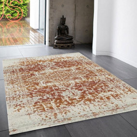 Orange Traditional Easy To Clean Floral Rug Dining Room-120cm X 170cm