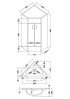 Orbit 2 Door Compact Corner Vanity Basin Unit - 555mm - Gloss White - Balterley