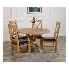 Oregon Round Oak Dining Table and 4 Chairs Dining Set with Berkeley Brown Leather Chairs