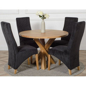 Oregon Round Oak Dining Table and 4 Chairs Dining Set with Lola Black Fabric Chairs