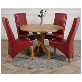 Oregon Round Oak Dining Table and 4 Chairs Dining Set with Lola Burgundy Leather Chairs