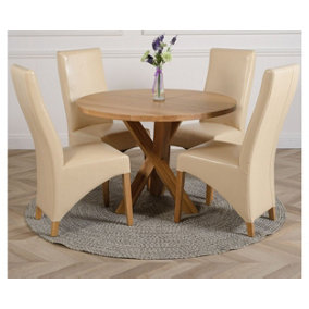 Oregon Round Oak Dining Table and 4 Chairs Dining Set with Lola Ivory Leather Chairs