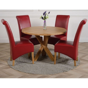 Oregon Round Oak Dining Table and 4 Chairs Dining Set with Montana Burgundy Leather Chairs