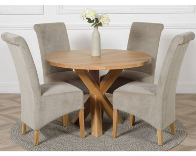 Oregon Round Oak Dining Table and 4 Chairs Dining Set with Montana Grey Fabric Chairs