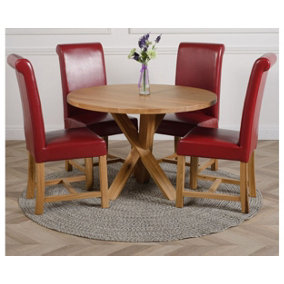 Oregon Round Oak Dining Table and 4 Chairs Dining Set with Washington Burgundy Leather Chairs