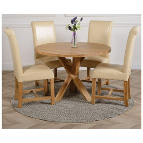 Oregon Round Oak Dining Table and 4 Chairs Dining Set with Washington Ivory Leather Chairs