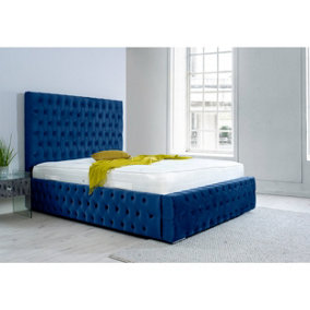 Orella Plush Bed Frame With Chesterfield Headboard - Blue