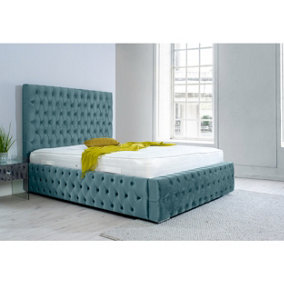 Orella Plush Bed Frame With Chesterfield Headboard - Duck Egg