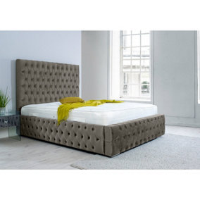 Orella Plush Bed Frame With Chesterfield Headboard - Grey