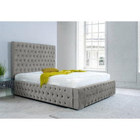 Orella Plush Bed Frame With Chesterfield Headboard - Silver
