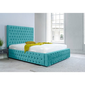 Orella Plush Bed Frame With Chesterfield Headboard - Teal