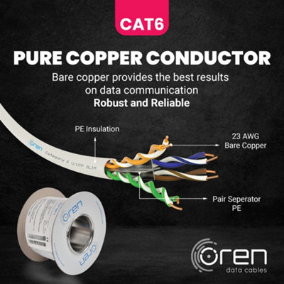 Oren CAT6 50m Ethernet Cable White - Slim - 23 AWG Pure Copper Wire - 250 MHz Bandwidth UTP Internet LAN Network Cable