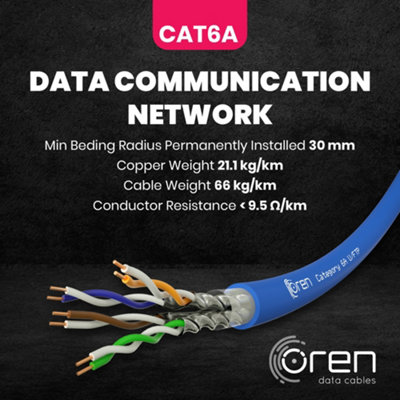 Oren CAT6A Cavo Ethernet 50m - 23 AWG in Rame Nudo - 500 MHz Larghezza Banda U/FTP di Rete LAN