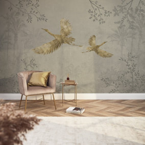 Oriental Cranes Mural In Stone With Gold Effect (300cm x 240cm)