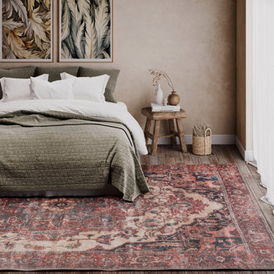 Oriental Design Cotton Chenille Rug Rust Navy Cream Machine Washable ...