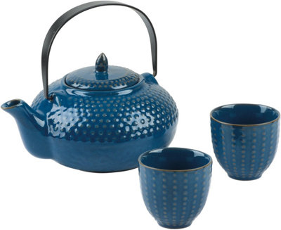 Oriental Hobnail Stoneware Teapot and 2 Cups Azure Blue