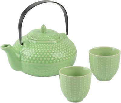 Oriental Hobnail Stoneware Teapot and 2 Cups Jade Green