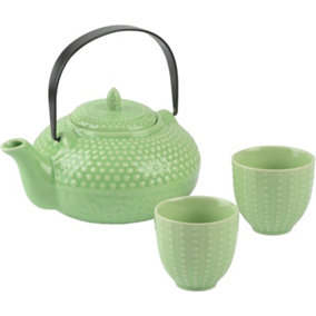 Oriental Hobnail Stoneware Teapot and 2 Cups Jade Green