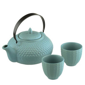 Oriental Hobnail Stoneware Teapot and 2 Cups Mizu Blue