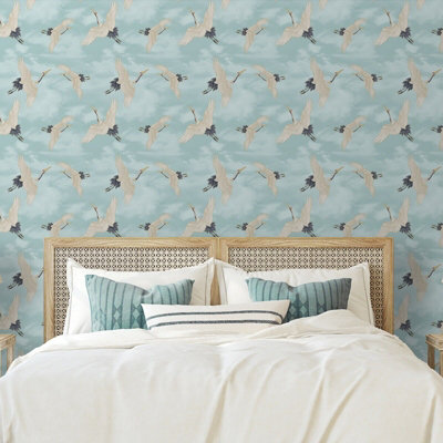 Oriental Japanese Birds Cranes Duckegg Blue White Metallic Silver Wallpaper