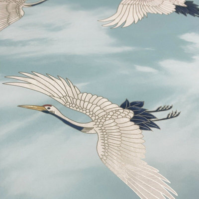 Oriental Japanese Birds Cranes Duckegg Blue White Metallic Silver Wallpaper