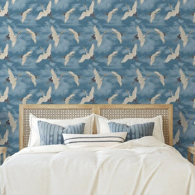 Oriental Japanese Birds Cranes Sky Blue White Metallic Silver Wallpaper